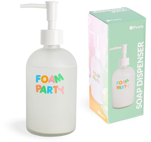 Fisura – Originell tvålpump “foam party”. Vit tvåldispenser i glas med flerfärgad text. Tvålpump eller lotionbehållare på 410 Milliliter. Litet tratt ingår.