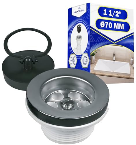 Bonde Evier Cuisine Ø 70 mm x 1 1/2 Complet avec Bouchon Lavabo Salle de Bain Ø 45,5 mm Adapté aux Bidets et aux Baignoires - Garantie de 10 Ans - MONTERAL