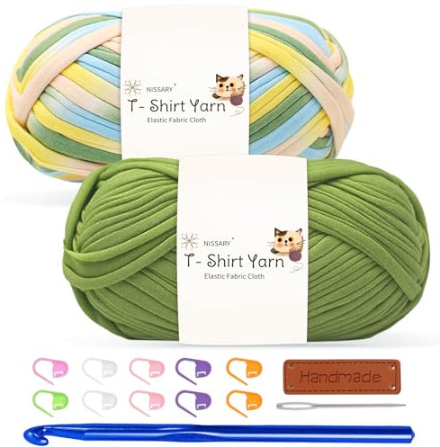 T Shirt Yarn for Crocheting 100gx2 Chunky Crochet Yarn Elastic Fabric Set with 10mm Hook and Accessories – Ideal for DIY Bags, Blankets, Baskets and Home Decor Projects (Mix-Grass)