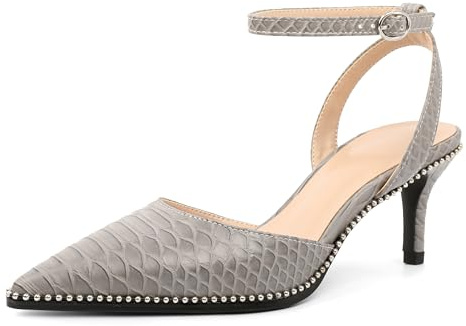 SAMMITOP Grey Heels for Women Closed Pointed Toe Ankle Strap Strappy Kitten Low Heel Pumps Shoes Slingback Beaded Dressy Snakeskin Leather Shoe 2.4 Inch Size 8.5