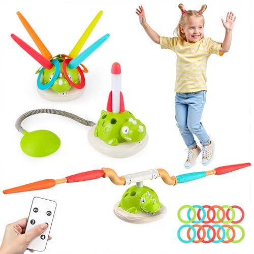 Warmiehomy 3 in1 Kids Outdoors Dinosaur Toys Musical Jump Ring Toss and Rocket Launcher, Active Playset for Boys Girls, Indoor Outdoor Garden Sports Toys for Kids Age 3+