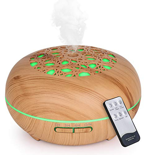 WD&CD 550ML Essential Oil Diffusers Ultrasonic Aroma Diffuser Humidifier Cool Mist with Remote Control, Waterless Auto-off, Adjustable Mist Mode, 7 Colors, 3 Timer Setting (Light Wood Grain)