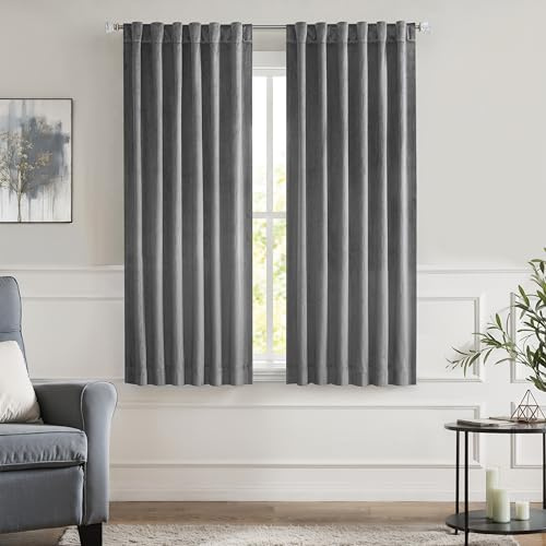Dark Grey Velvet Blackout Window Curtain Panels Noise Reducing 90% Room Darkening Rod Pocket Back Tab Geometric Embossed Trellis Themal Drapes for Living Room and Bedroom (52 Wx63 L, 2 Panels)