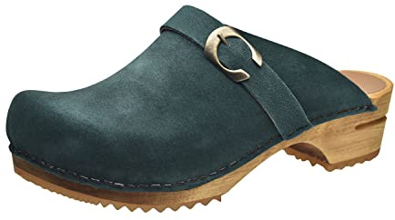 Sanita Hedi | Sabots Ouverts | Produit Original Fabriqué à la Main pour Femme | Sabots en Cuir avec Semelle en Bois | Vert foncé | 40 EU