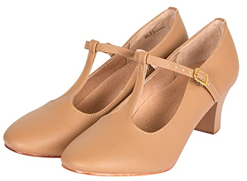 Asyusyu Zapatos de personajes para mujer, con correa en T, puntera cerrada, para salsa, tango, danza, zapatos de baile para estudiantes, Brown, 38 EU