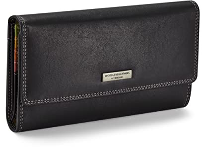 Woodland Leathers Portafoglio e Portamonete da Donna in Pelle 100% Genuina, Porta Carte Multiplo con Blocco RFID, Portafogli per Donne con Tasca per Monete con Cerniera e Scomparto per Contanti, Nero