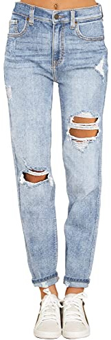 Luvamia Women's Casual Ripped High Waisted Boyfriend Tapered Mom Jeans - Blue Denim Pants - Size 4/6