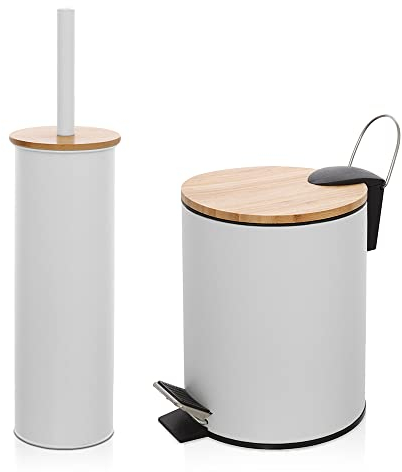 Inbagno Set Accessori Bagno scopino WC e pattumiera a Pedale 3 Lt, in Acciaio e bambù, Linea Haiti