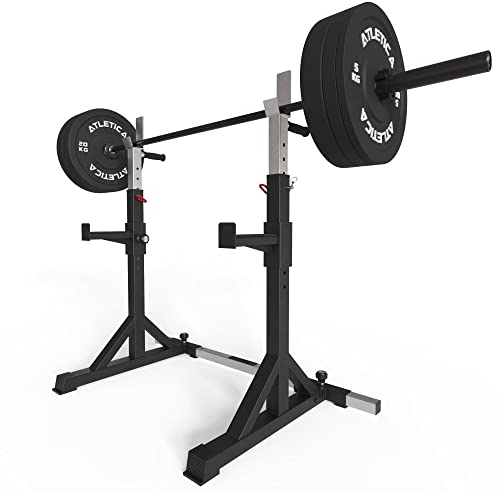 ATLETICA Free Stands Squat Rack | Kompakter Kniebeugenständer | Höhenverstellbar 113-163 cm | 33 kg leicht | Bis zu 250 kg belastbar | 1 Paar | Mit Notablagen