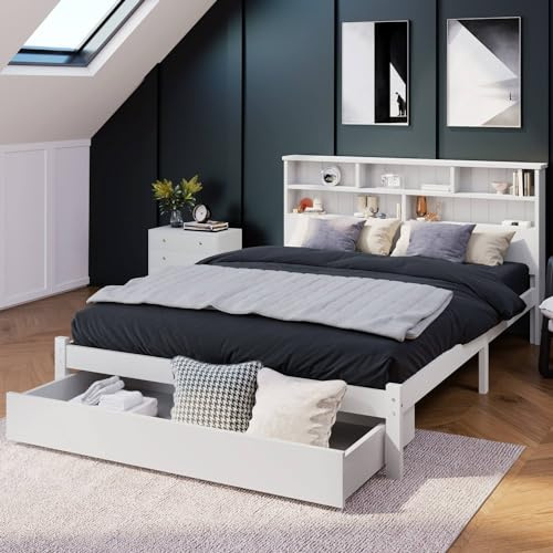 Sweiko Cadres de lit 140x200cm,Lit Simple en Bois Massif avec tiroirs et sommier à Lattes, lit de Type bibliothèque pour Adolescents et Enfants Adultes,Blanc (sans Matelas)