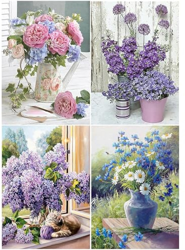 SHEGZHUC 4 Pack Diamond Painting Blumenstrauß in Vase 30x40cm Diamond Painting Blume Flieder 5D Diamant Painting Blumen Pfingstrosen Gänseblümchen Lila Blumen Katze Landschaft