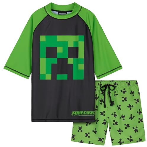 Minecraft Swimsuit Set Boys 2 Piece Creeper Swimming Costume Boys Swimming Shorts Rash Vest Pool Beach Holiday Essentials (11-12 Years, Green/Black)