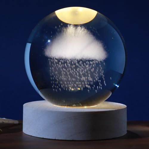 I-TOTAL®- Sfera di vetro 3D con LED RGB effetto sul soffitto, luce notturna per bambini, lampada da notte con base in legno, tema fantasy, decorazione in cristallo disegno (NUVOLA DI PIOGGIA)