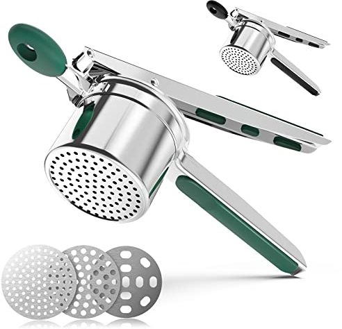 Prensador de patatas, triturador de patatas resistente con 3 discos intercambiables, de acero inoxidable para puré de patatas esponjoso, para hacer puré de patatas, prensa de patatas (verde, 3