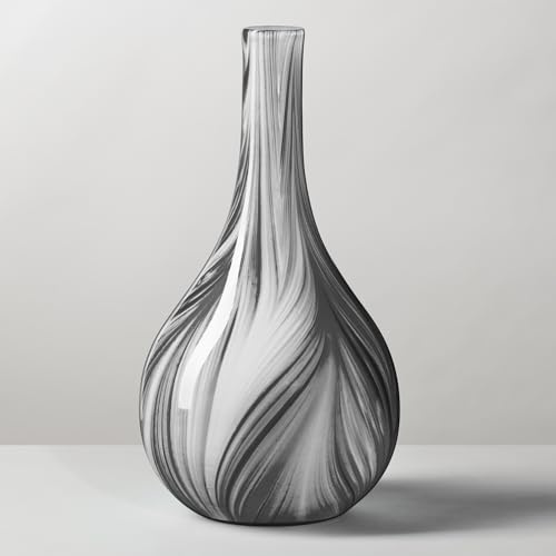 Torre & Tagus Odessa marmormönster, blåst glasvas – 30 cm svart och vit, abstrakt vas för blommor, modern blomvas för heminredning, bordsdekoration för vardagsrum, entré (15 x 30 cm vas)