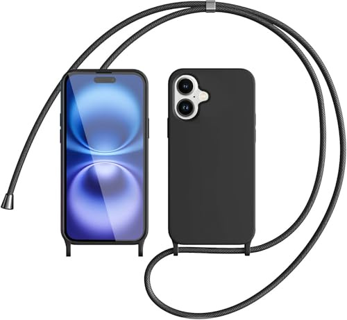 LIUKM iPhone 16 Plus-fodral med rep, flytande silikonskal med halsband och mjukt TPU-bälte, stötsäkert fodral för iPhone 16 Plus - svart