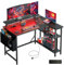 DOMSHOCT L Shaped Gaming Desk with LED Lights & Power Outlets, 120*80cm Corner Computer Table with Storage Bag & Adjustable Shelves & Large Monitor Stand, Home Office Study Workstation, Carbon Black