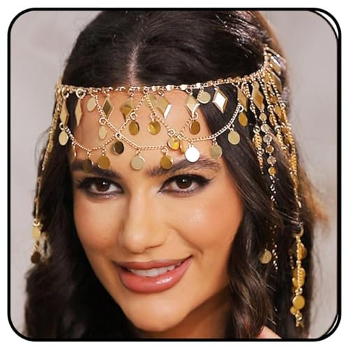 Zoestar Chaîne de tête bohème à paillettes dorées avec pampilles - Chaîne de front superposée - Bijoux de festival - Accessoires de cheveux pour femme