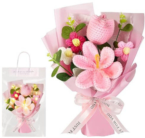 crayfomo Ramo de tulipanes artificiales de ganchillo hecho a mano, ramo de tulipanes falsos, arreglos florales, kits de ganchillo para el día de la madre, cumpleaños, aniversario, boda, graduación