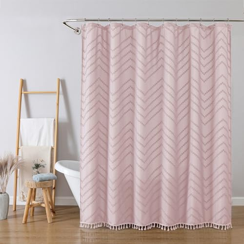 OWENIE Boho Shower Curtain, Blush Pink Fabric Cloth Shower Curtains Farmhouse Tufted Chevron Striped Textured with Tassel for Bathroom, Soft Hotel Style Modern Minimalist, Machine Washable, 72x72