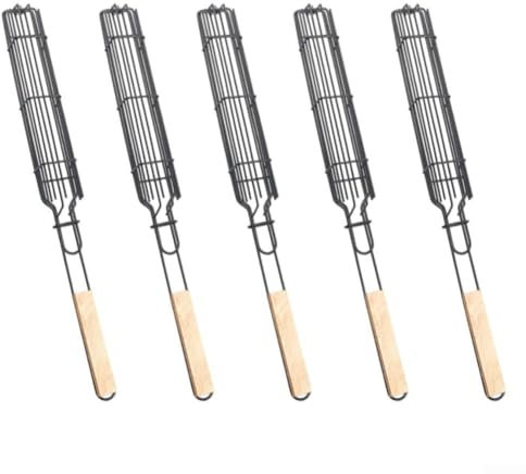 GLFLOW Lot de 5 paniers de gril en acier inoxydable pour saucisses et viandes, pinces à barbecue avec poignée en bois, revêtement anti-adhésif