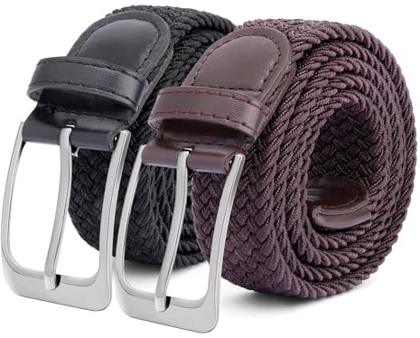 Tolstil 2 Pack Men's Elasticated Woven Belts – Stretch Braided Trouser Belts with Buckle, 105cm (Black+Brown, fit for waist size under 36)