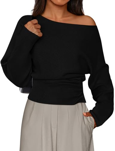 PRETTYGARDEN Women Off The Shoulder Sweater 2026 Fall Trendy Long Batwing Sleeve Knit Pullover Going Out Tops Winter Clothing (Black,Large)