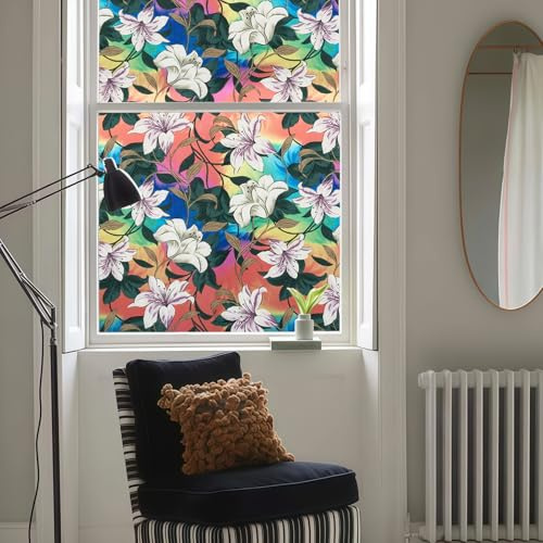 dktie fönsterfilm ogenomskinlig fönsterfilm dekorativ insynsskydd med blommiga mönster och färgglada bakgrunder (44,5 x 200 cm)