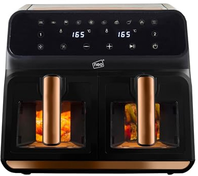 Neo Black Copper Gold Dual Twin Zone Double Drawer Glass Window Electric Air Fryer 8.5L Digital Instant Kitchen Grill Oven 1700W Healthy Frying Cooker Cooking Low Fat Oil Free