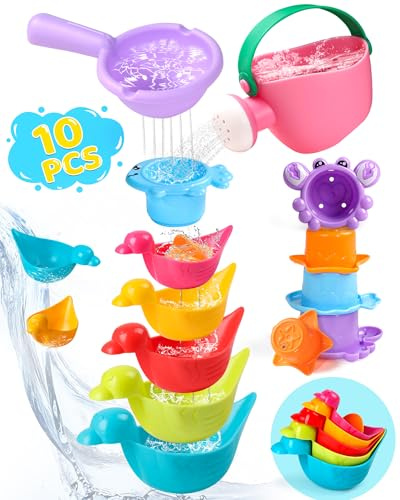 Toddler Bath Toys for Kids Ages 1-3 10 PCS Baby Bath Toys Mold Free with Multi Color & Shape Stacking Cups Bathtub Sand Pool Water Toys for 1 2 3 4 5 6 Birthday Gifts