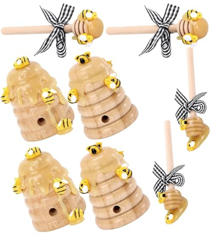 YARNOW Beehive and Honeycomb Decorations Set with Honey Bee Sticks, 2 Sets (4 Beehives, 4 Honey Bee Rods) for Party, Kitchen, and Farmhouse Themed Celebrations