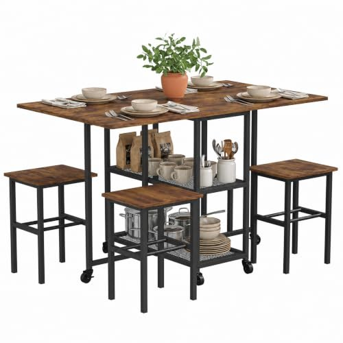 Mondeer Ensemble Table à Manger Pliable avec 4 Chaises | Roulettes verrouillables, 2 étagères ouvertes et conception gain de place, idéale pour les petits espaces