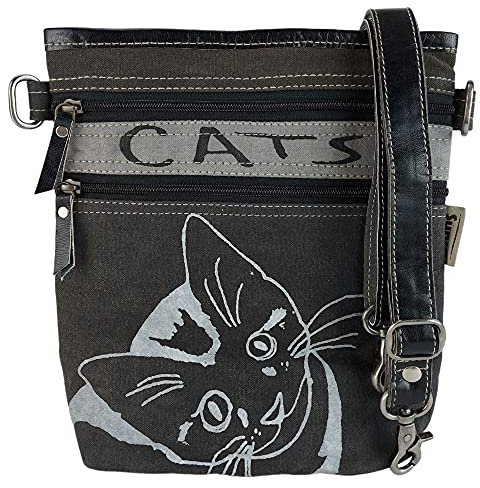 Sunsa Vintage Canvas Tasche Damen, graue Umhängetasche. Katzenliebhaber Crossbody Bag, Mittelgroß Schultertasche für Freizeit, Alltag, leicht, robust, praktisch mit mehrere Fächern in Retro Look