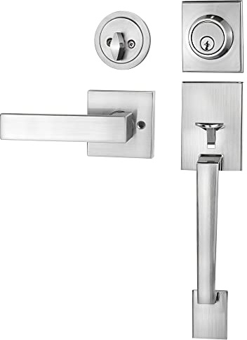 Azdele Front Door Handle and Deadbolt Set, Front Door Lock Set, Exterior Door Lock Set, Front Door Handle with Single Cylinder Deadbolt for Exterior Door,Reversible for Right&Left(Satin Nickel Modern)