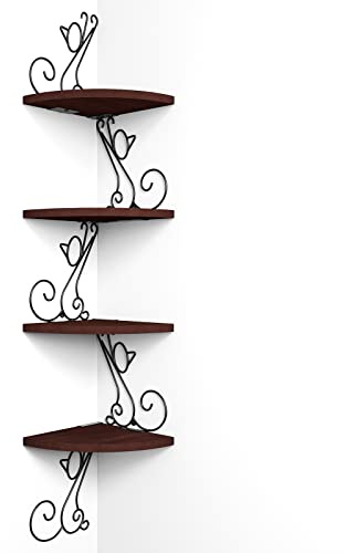 Alsonerbay Corner Shelf Wall Mount, 4 Tier Floating Shelves for Wall, Easy-to-Assemble Wall Shelves Rustic Wood Decor for Bedroom Living Room Bathroom Kitchen Office, Walnut Finish