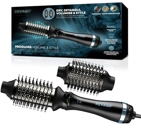 Revamp Progloss Volume & Style Hot Brush Styler – 4-i-1 Air Styler 1000 W – torka, reda ut, volymstyling, 2 borstfästen och 3 värmetvåer