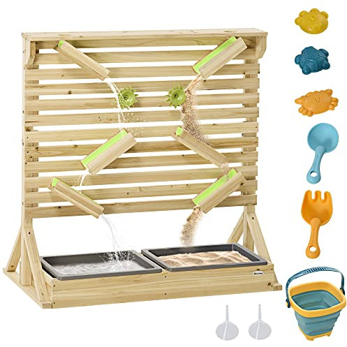 Outsunny water wall for kids outdoor Water and Sand play table with 18 Accessories, Wooden Outdoor Toys for Age 3+