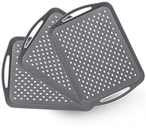 3 Pack Large Non-Slip Plastic Serving Tray with Handles, Anti Slip Rectangular Food Tray for Eating Dinner Drinks (Grey)