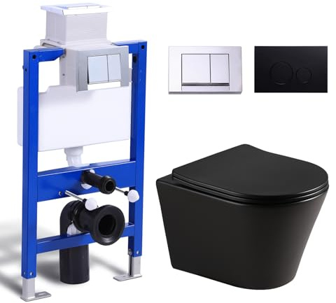 WC sospeso senza bordi, colore nero opaco con cassetta di risciacquo a incasso, WC e elemento a parete, set completo, 2 piastre di pressione per WC, WC da parete con sistema di abbassamento