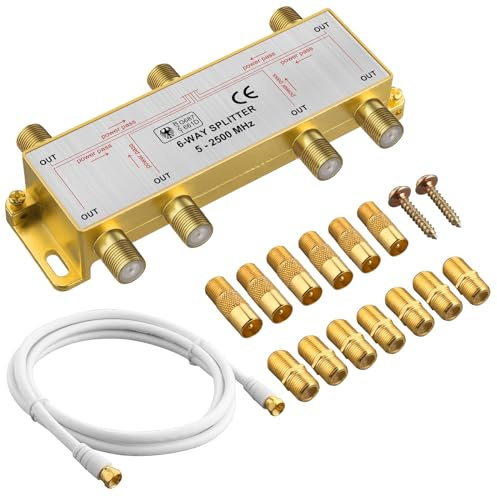 Justech Répartiteurs de Câble Coaxial 5-2500 MHz 6 Voies Répartiteur Satellite avec Câbles RG6 Doré 6 Adaptateurs F à Coax et Jonction en Ligne F à F pour Antennes Séparées et Connexions à Large Bande