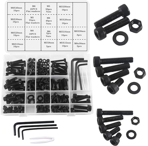 huruirui M5 M6 M8 Nuts and Bolts Washers Assorted Set, Black Hex Socket Head Screws Bolts and Nuts Kit, Thread Machine Hex Bolt Set Fastener Repair Tools Assortment Kit with 3 Wrench 295pcs