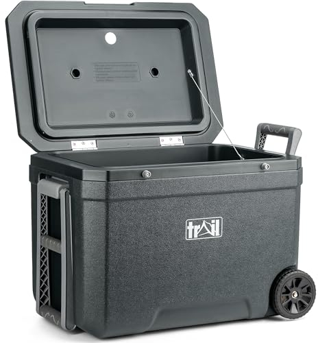 Trail 45L Cool Box on Wheels, Wheeled Insulated Hard Cooler for Hot Cold Food Drink, Picnic Camping Beach, 2 Cup Holders, BPA HDPE Free Liner, 72hr Max Cooling (54.5cm x 36cm x 42cm)