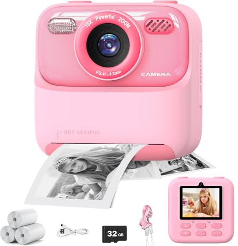 Masterbee Appareil Photo Instantané Enfant, Cadeau Filles/Garçons, Jouet Appareil Photo Vidéo HD 1080P pour Enfants 3-12 Ans
