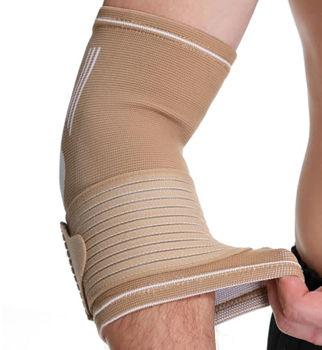 NEOtech Care Coudière - Compression AJUSTABLE - Légère, élastique, flexible, respirante - Protège-coude pour sport, tennis, golf (Beige, Taille L, 1 Unité)