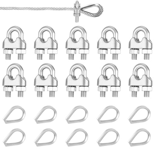 10 Stück M4 Seilklemmen +10 Stück M4 Kausche-Seilklemme Drahtseilklemme 4mm Für Drahtseil 4mm, Zur Befestigung Von Wäscheständern, Markisen Usw