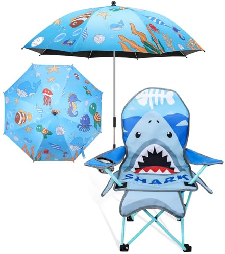 Meng Jiaran Kids Beach Folding Camping Chair,Shark Kids Garden Chair with Outdoor Umbrella Cup Holder and Carry Bag,Lightweight Sturdy Foldable Chairs for Outdoor Hiking Picnic