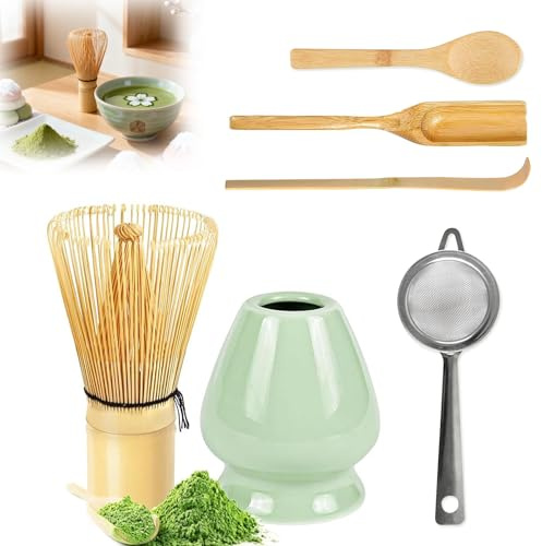 6 Pezzi Matcha Kit, Matcha Set Matcha Frusta in Bambù, Due Cucchiai Tradizionali, Portafrusta, Setaccio per il Tè Matcha, Perfetto per Regalo del Compleanno e Natale
