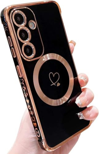 Cute Love Heart Magnetic Case for Samsung Galaxy S25 FE 5G Glossy Gold Plated Skin-friendly Design for Girls Women Bling Shiny Shockproof Soft TPU Camera Protective Cover for Galaxy S25 FE Black