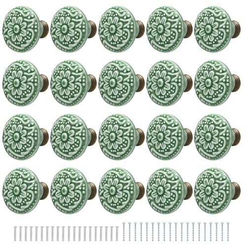 Ceramic Door Knobs - 20 Pack Floral Kitchen Cupboard Drawer Knobs with Screws Set, Vintage Round Decorative Cabinet Pulls, Retro Dresser Pulls for Wardrobes Shoe Cabinets Bedside Tables Desks, Green