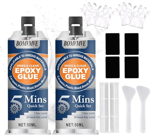 BOMVMVE Adesivo Epossidico Trasparente a Presa Rapida 5 Minuti, Colla Epossidica Bicomponente, Colla Epossidica, Colla Bicomponente Epossidica, Extra Forte per Metallo,Legno,Plastica,Ceramica (2x50ML)